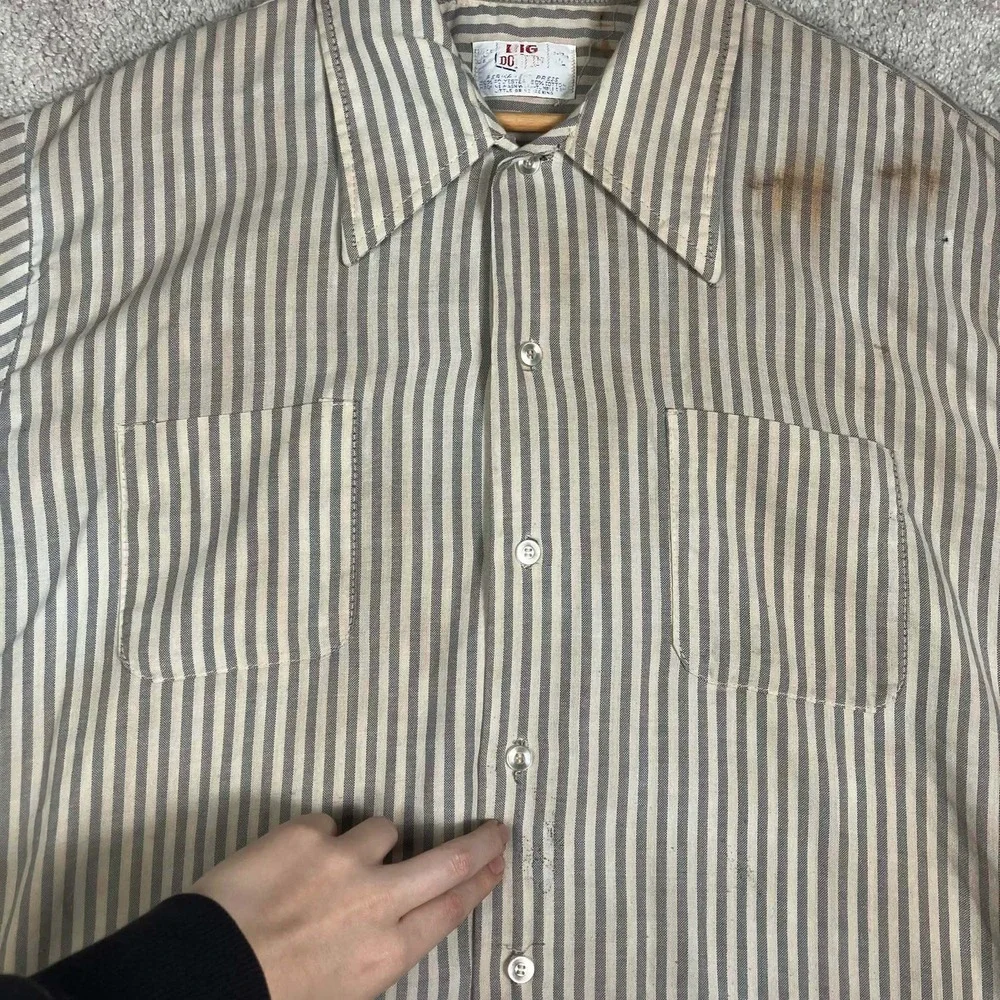 Vintage 70s Big Donlin Mens Striped Work Shirt Long Sleeve Grey Tan 16-16.5 L - Picture 6 of 16